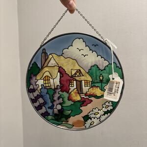 Joan Baker Designs Handpainted COTTAGE GARDEN Stained Glass Suncatcher Vtg NEW
